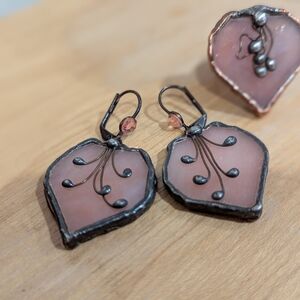 Hand Crafted Israeli Artisan Made Stained Glass Pink Leaf Earrings & Ring Set.
